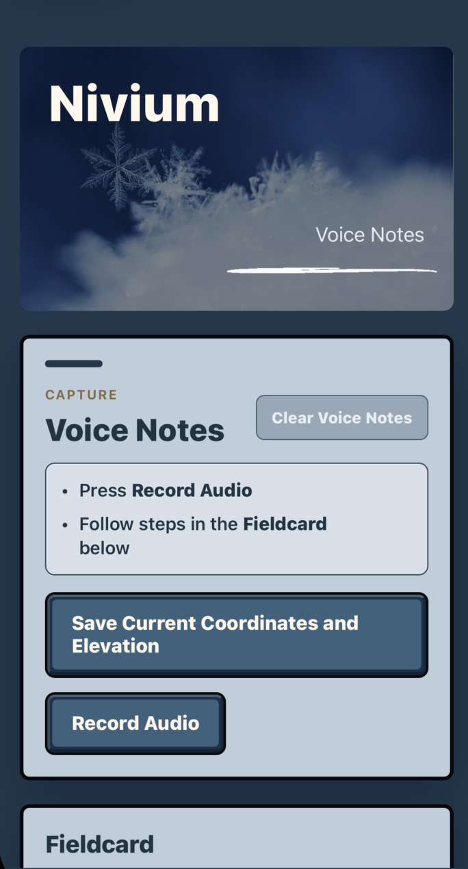 Nivium Voice Notes screen for structured field capture.